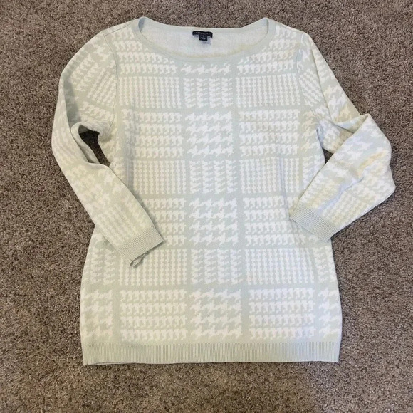Ann Taylor Factory Mint Crewneck‎ Green White Houndstooth Sweater Holiday Size S - Picture 1 of 10